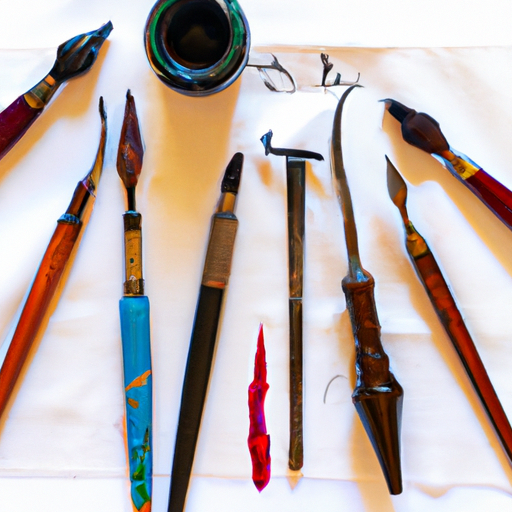 An array of painting tools and calligraphy pens, signifying the artistry involved in creating a Ketubah.